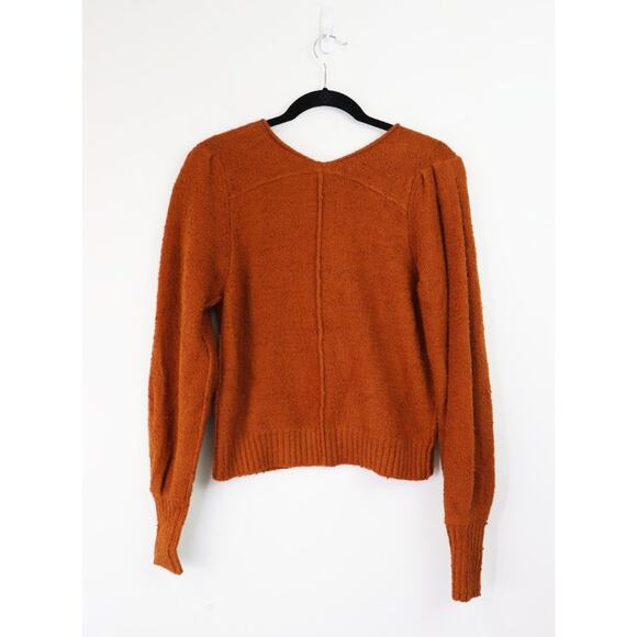 Free People Reverie V-Neck Rib Knit Sweater Balloon Sleeve Burnt Butter XS - Picture 8 of 10